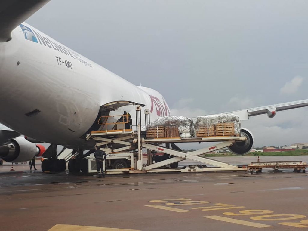 Supplies been unloaded from the plane in Niamey airport, Niger